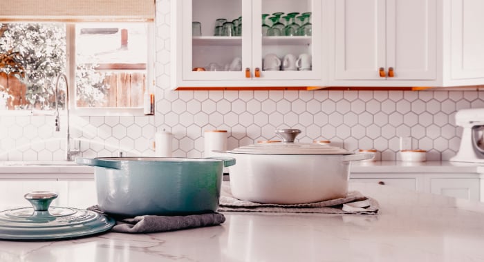 Pots on a kitchen counter