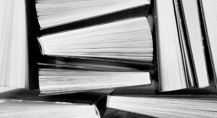 Pile of books, black and white photo